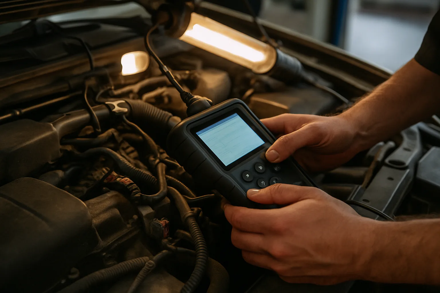 Engine diagnostics in progress with scanner